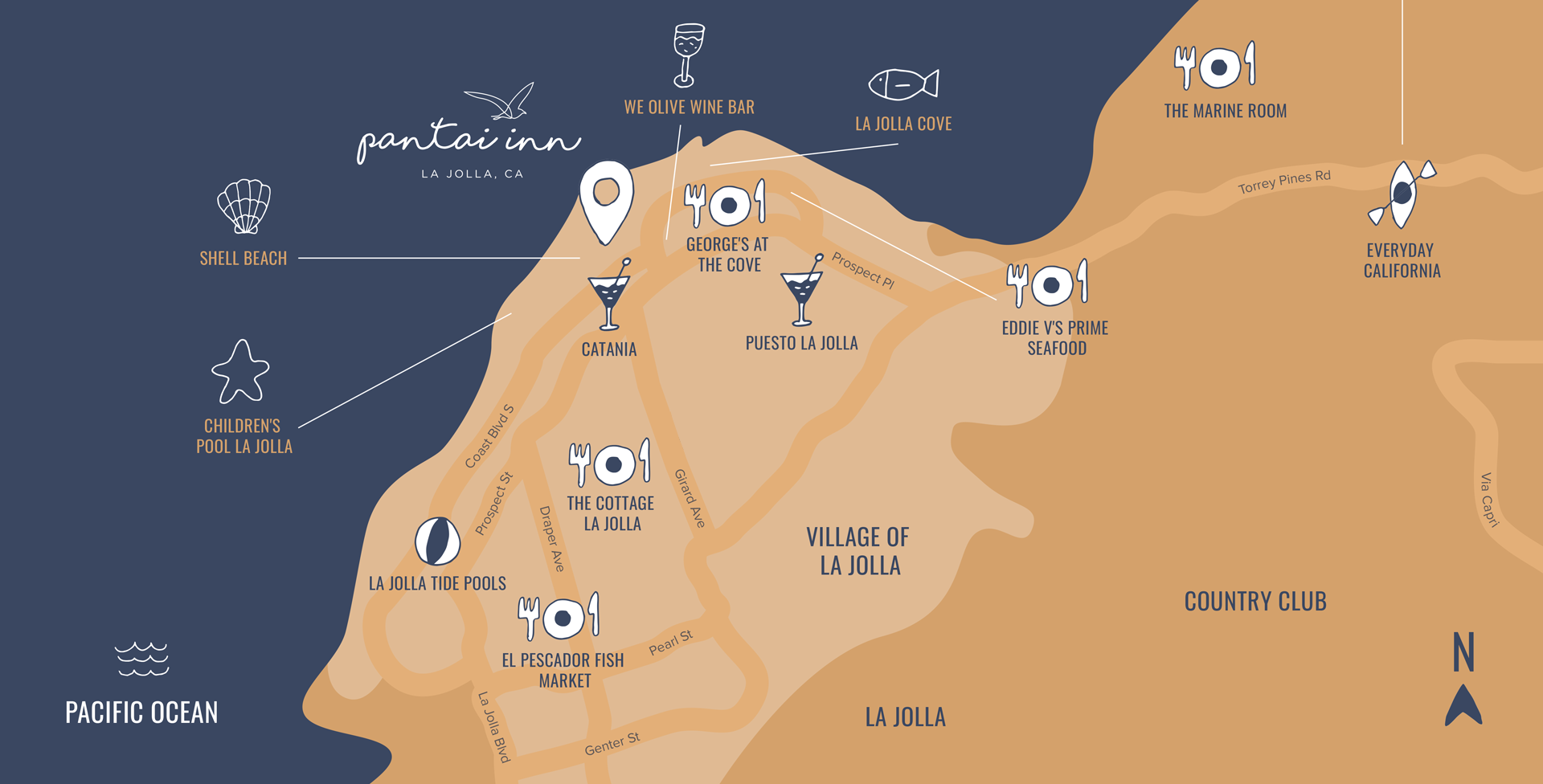 Illustrated map of Pantai Inn in La Jolla